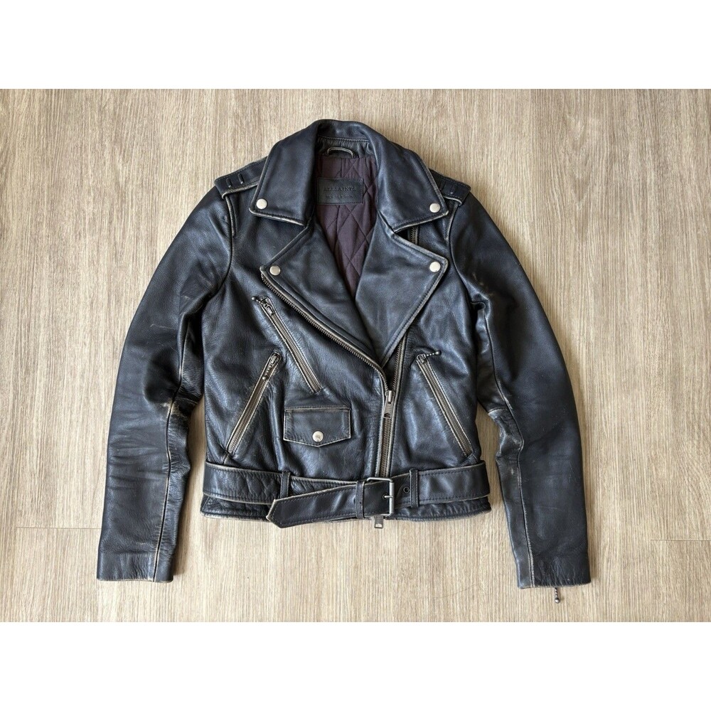 AllSaints Black Agnes biker distressed lined leather jacket Lined Women’s US 2